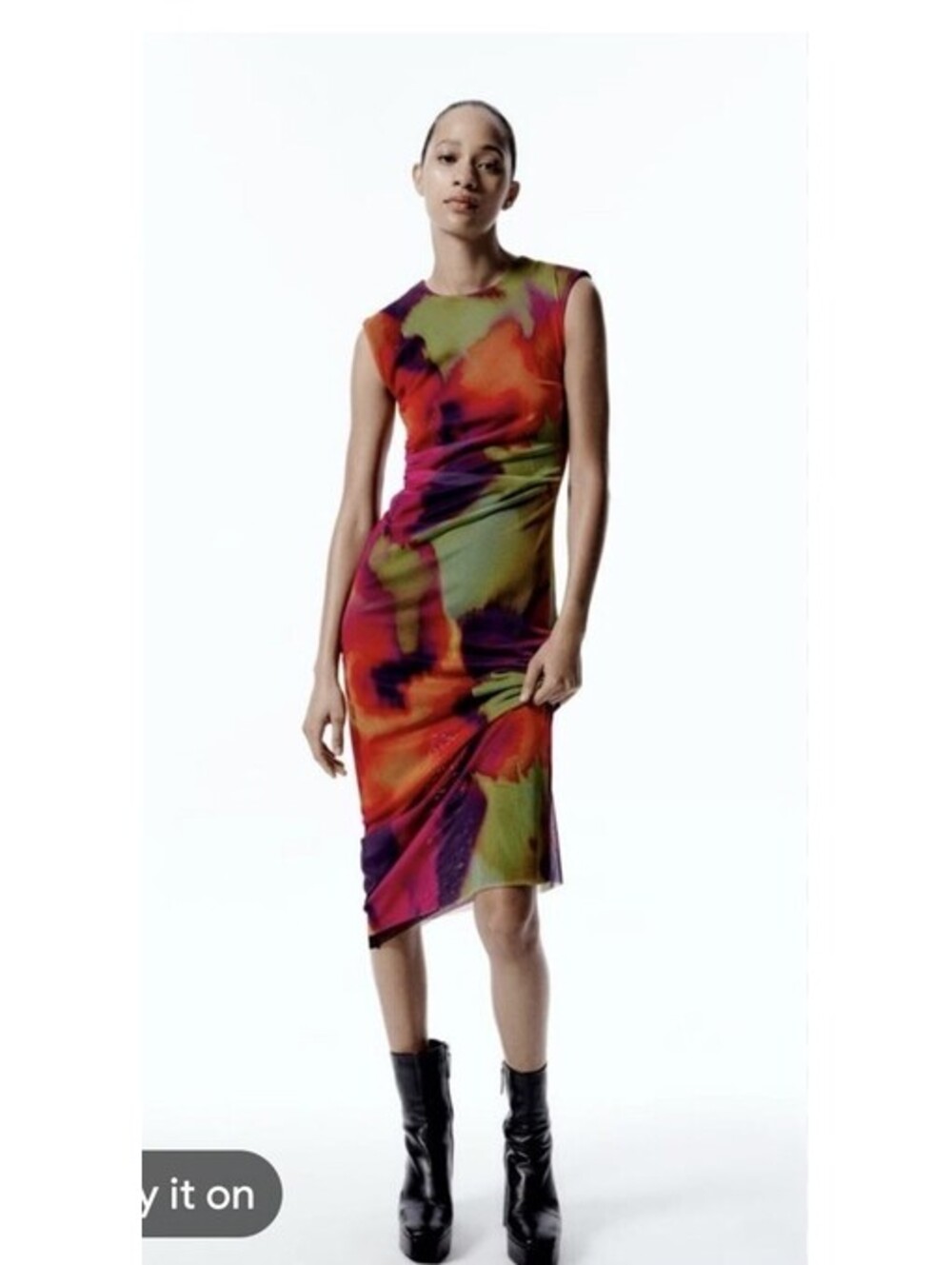 ZARA Printed Tulle Multicolor Stretch Sleeveless Gathered Midi Dress Size Large